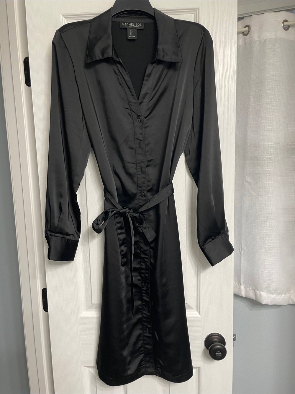 Rachel Zoe Black Satin Button-Front Shirt Dress with Tie Waist